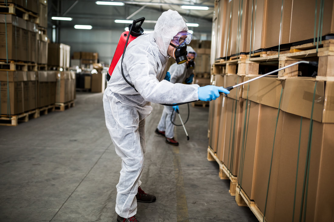 Worker spraying for bugs in warehouse 2